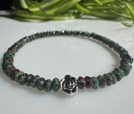 4mm Ruby in Zoisite Beaded Stretch Bracelet with Silver Bead. Gift for him, gift for her. Vitalizing, Transformation, Support. Minimalistic.
