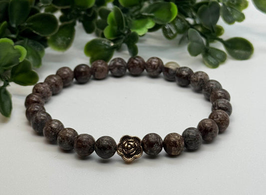 6mm Brown Snowflake Onyx Bead Stretchy Bracelet with Silver Bead. Gift for Him Gift for Her. Insight, Protection, Grounding. Minimalistic.