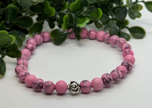 Pink Howlite Bead Stretch Bracelet with a Silver Bead. Gift for her Gift for him. Compassion, Patience, Tranquility. Minimalistic.