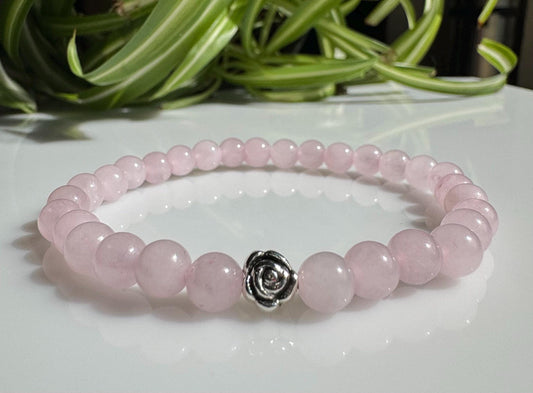 Rose Quartz Beaded Stretch Bracelet with a Silver Bead. Gift for her, Gift for Him. Love, Harmony, Compassion. Minimalistic.