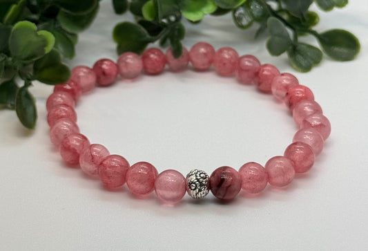 6mm Pink Persian Jade Bead Stretch Bracelet with Silver Spacer. Gift for her, Gift for him. Love, Compassion, Balance. Minimalistic.