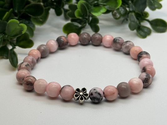 6mm Pink Zebra Jasper Bead Stretch Bracelet with Silver Spacer. Gift for her, Gift for him. Love, Compassion, Balance. Minimalistic.