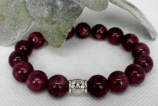 Garnet 10mm stretch beaded bracelet with silver. spacer. Gift for him, gift for her. January Birthday Stone. Passion, Protection, Energy.