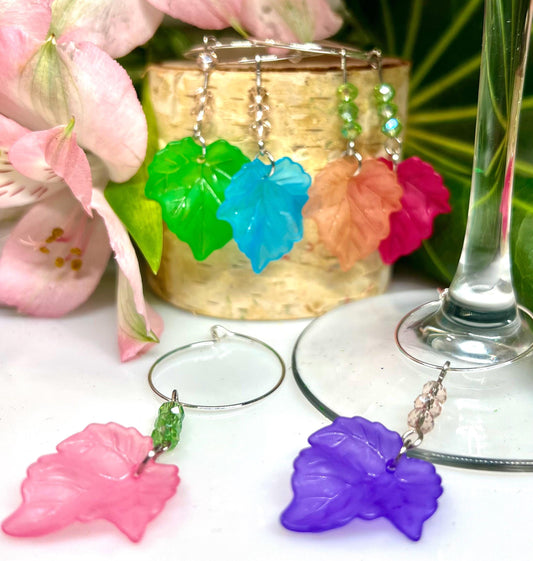 Wine Glass Charm Set | Crystal and Leafs Wine Charm | Silver Hoops | Wine Charms | Wine Gifts | Gift Set | Charm Set | Wine Glass Charm