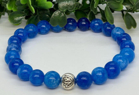 Blue Apatite Beaded Gemstone Stretch Bracelet with a Lotus Silver Bead. Clarity, Motivation, Manifestation.