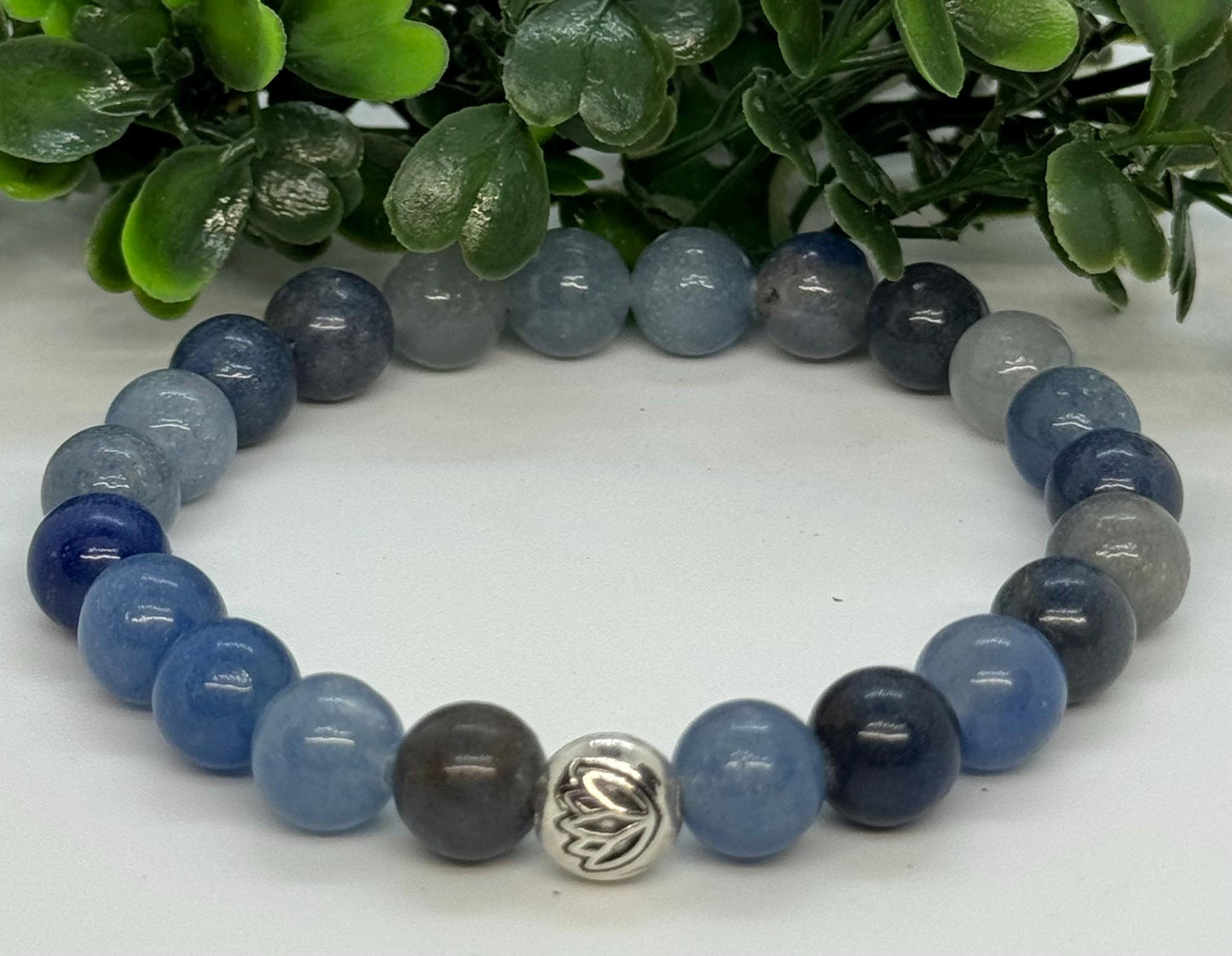 Blue Aventurine Beaded Stretch Bracelet with a Lotus Silver Bead.