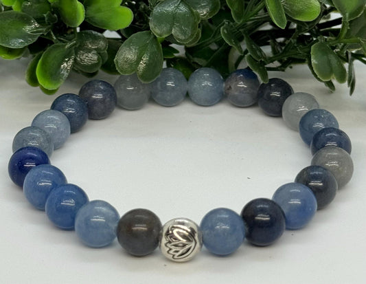 Blue Aventurine Beaded Stretch Bracelet with a Lotus Silver Bead.