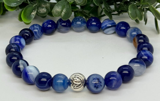 Blue Dragon Vein Agate Beaded Stretch Bracelet with a Lotus Silver Bead. Stability, Protection, Vitality. Personalized Size.