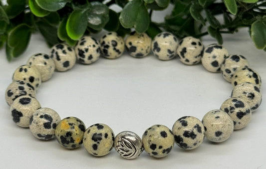 Dalmatian Stone Beaded Stretch Bracelet with a Lotus Silver Bead. Grounding, Protection, Positivity.