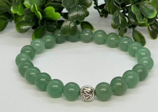 Green Aventurine Beaded Gemstone Stretch Bracelet with a Lotus Silver Bead. Luck, Prosperity, Harmony.