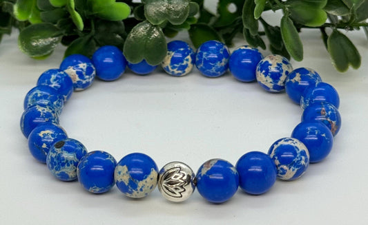 Lazulite Beaded Stretch Bracelet with a Lotus Silver Bead. Wisdom, Truth, Intuition.