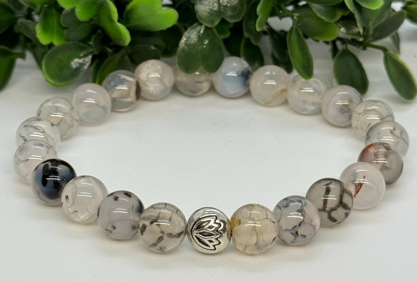 8mm Montana Moss Agate Beaded  Stretch Bracelet with a Lotus Silver Bead. Stability, Growth, Grounding.