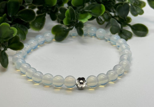 Natural Opal Bead Stretch Bracelet with Silver Bead. Gift for Her Gift for him. Inspiration, Creativity, Emotional Balance. Minimalistic