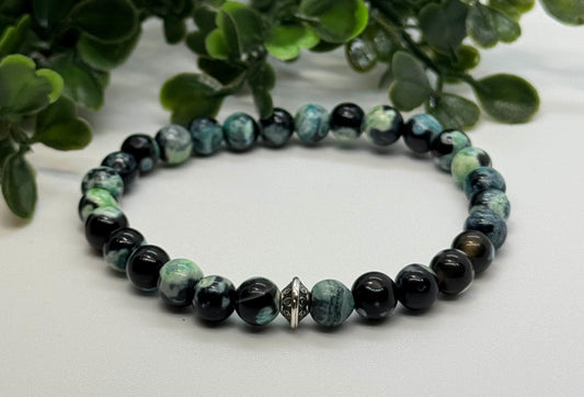 6mm Green Fire Dragon Vein Onyx Bead Stretchy Bracelet with Silver Bead. Gift for Him Gift for Her. Balance Growth Protection. Minimalistic.