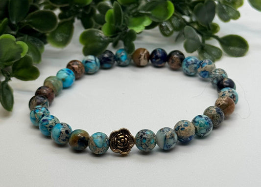 6mm Navy Blue Sea Sediment Bead Stretch Bracelet with Silver Spacer. Gift for her, Gift for him. Vitality, Strength, Stability. Minimalistic