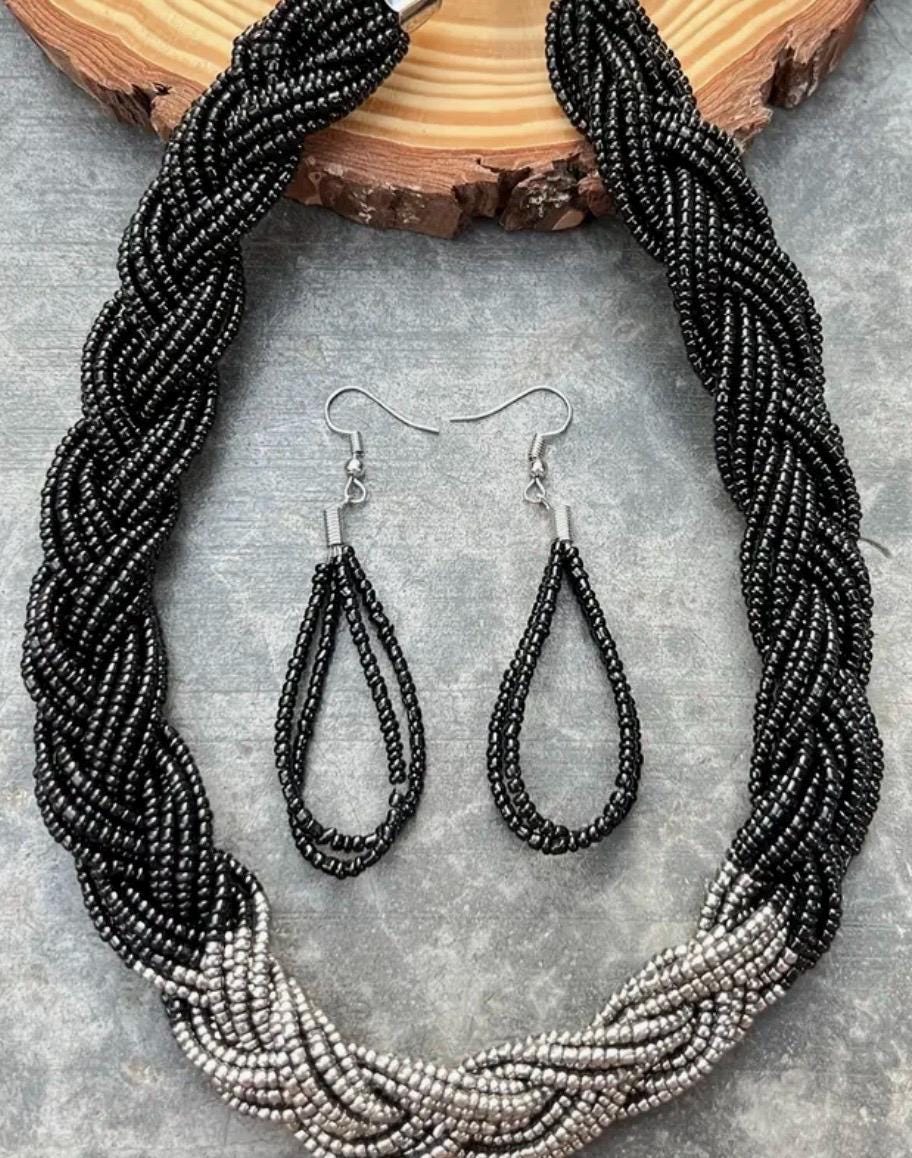 Vintage Bohemian Handmade Glass Beads Necklace with Earrings Set.