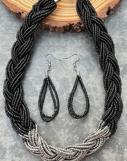 Vintage Bohemian Handmade Glass Beads Necklace with Earrings Set.