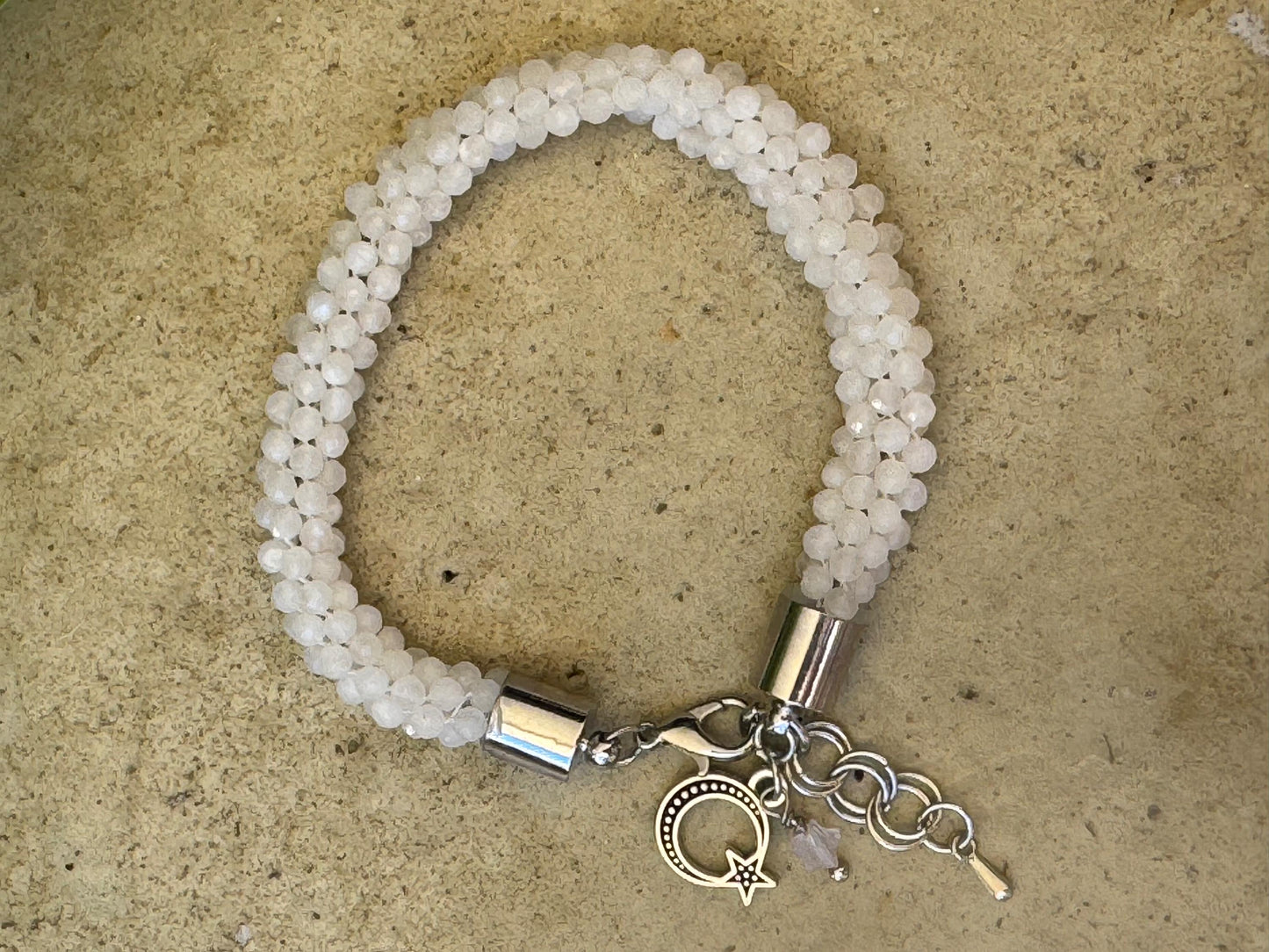 Kumihimo Moonstone Gemstone Bracelet - Moonstone  Gemstone bracelet with silver moon and star  hanging charm.