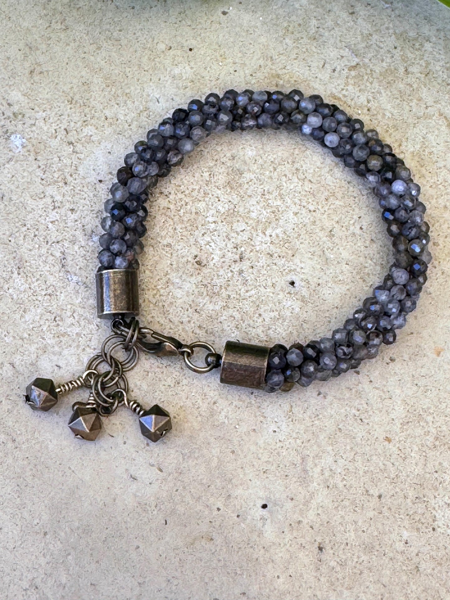 Kumihimo Cordierite Gemstone Bracelet - African Turquoise Gemstone bracelet with hanging charm.