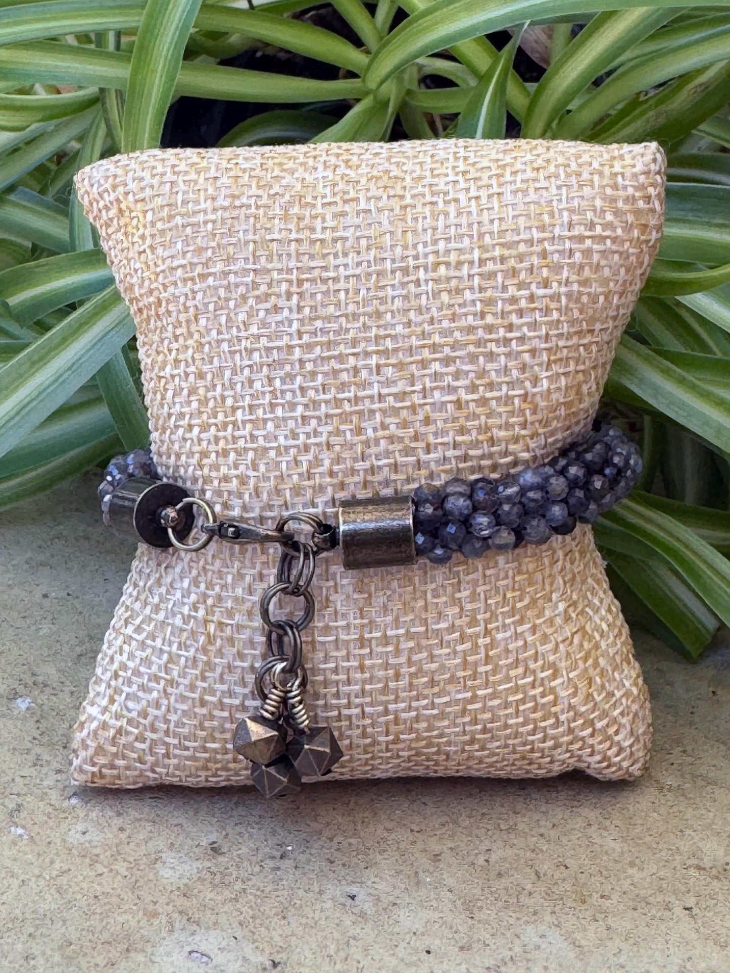 Kumihimo Cordierite Gemstone Bracelet - African Turquoise Gemstone bracelet with hanging charm.