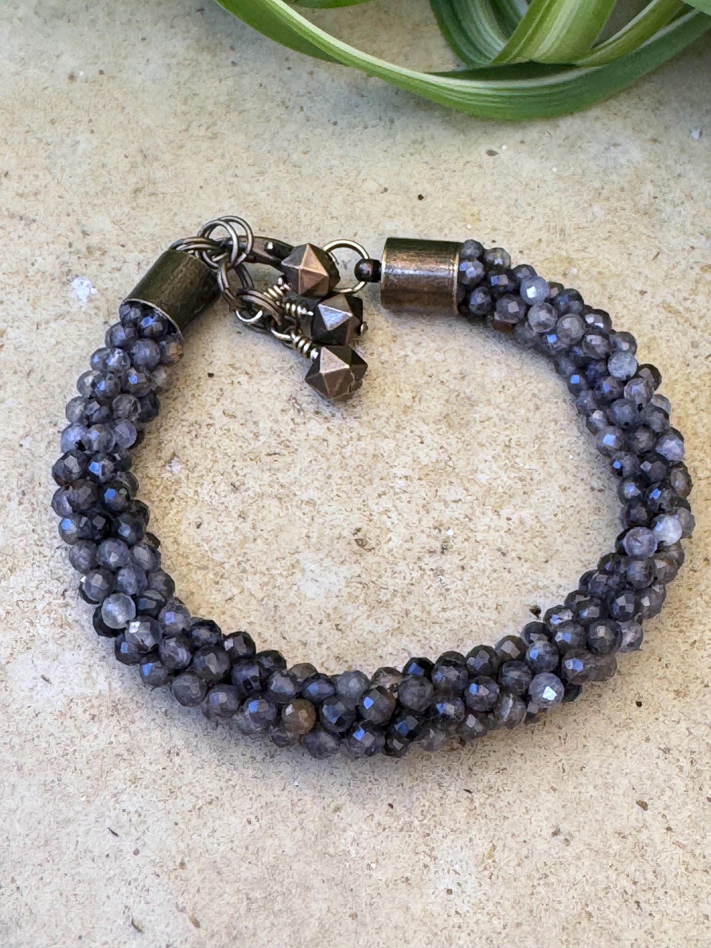 Kumihimo Cordierite Gemstone Bracelet - African Turquoise Gemstone bracelet with hanging charm.